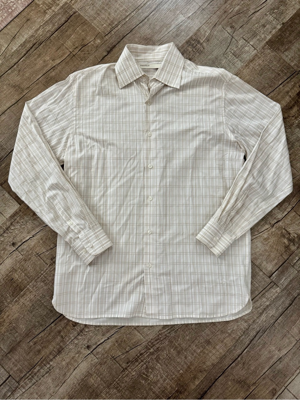 Perry Ellis Dress Shirt Medium Cream Khaki Check Long‎ Sleeve Button Down Cotton